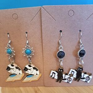 2 Pair Bundle Kitty Reading And Kitty Music Earrings Handmade And Brand New!!